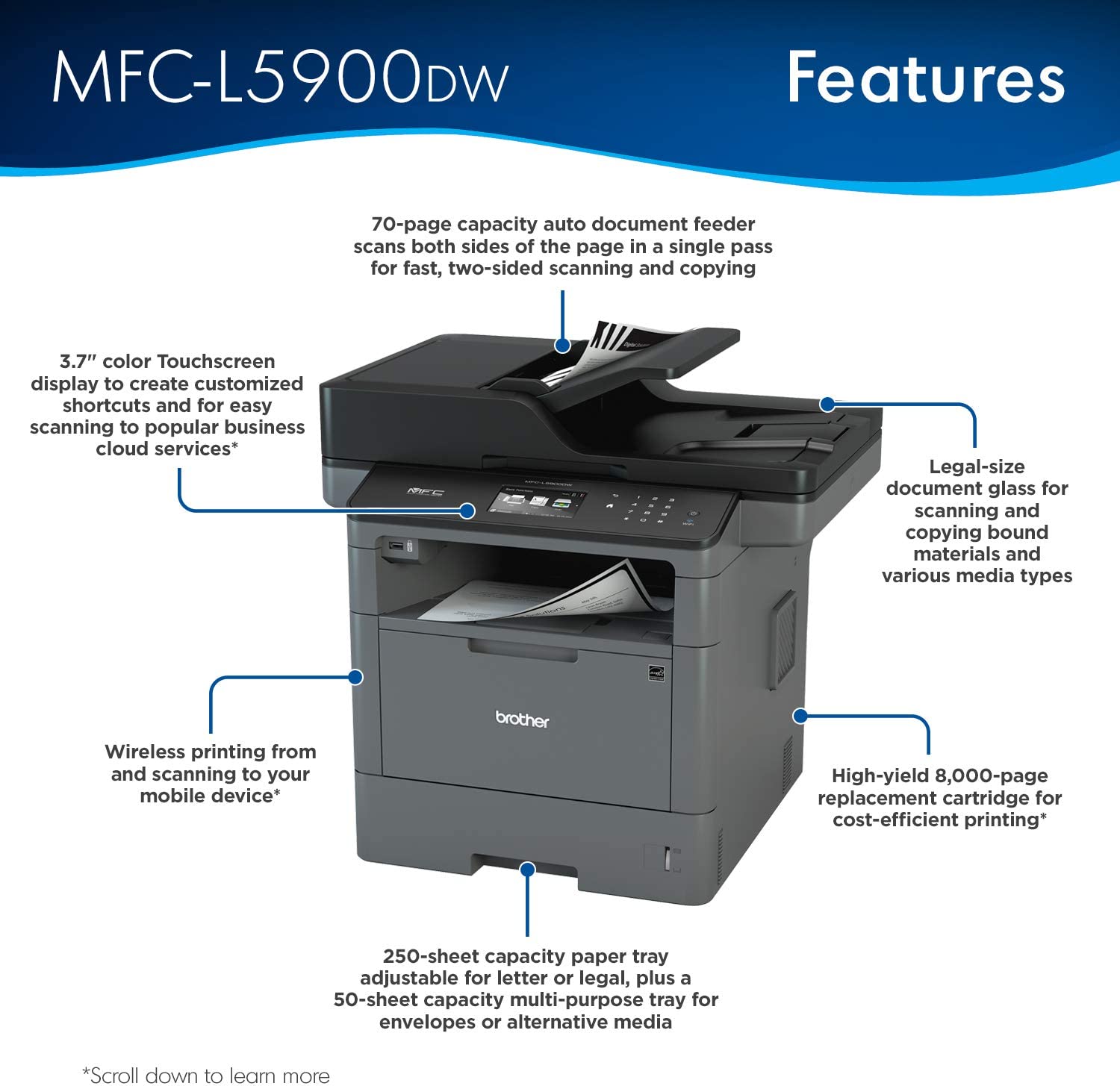 Brother Monochrome Laser Printer, Multifunction Printer, All-in-One Printer, MFC-L5900DW, Wireless Networking, Mobile Printing & Scanning, Duplex Print, Copy & Scan,  Dash Replenishment Ready - Image 2